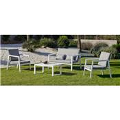 Salon de jardin, canapé, 2 fauteuils, table, blanc Tissus gris clair, 4 à 5 places, AGATA