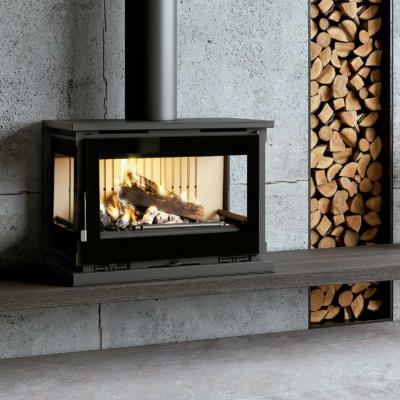 Poeles à bois à suspendre 3 faces 19kw vermiculite bûches 95cm sortie 200mm 4 turbines