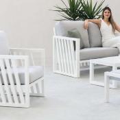 Salon jardin 4 à 5 places sofa 2 pl 2 fauteuils table basse 1  pose pied blanc gris