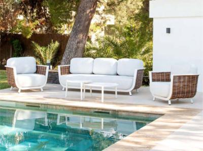Salon jardin 5 places Sofa 3 places 2 fauteuils 2 tables rondes blanc tissus gris clair