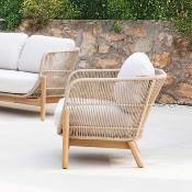 Salon jardin 5 places Sofa 3 places table basse 2 fauteuils tressées bois Acacia beige clair