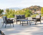Salon jardin 4 places Sofa 2 places 2 fauteuils structure anthracite tissus gris table basse