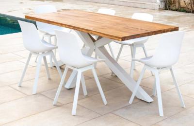 Salon jardin à manger table rectangulaire 200cm imit. bois 6 chaises tissus blanc
