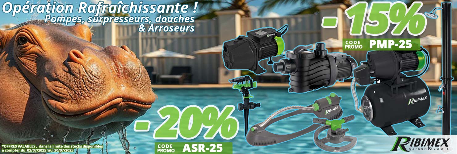 Opération rafraîchissante, 15% sur nos pompes de surface, surpresseurs, douches de jardin, 20% sur les arroseurs et asperseurs... chez Bricommerce