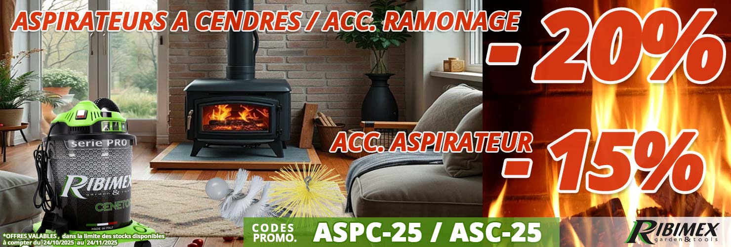 Promotions 20% de remise sur les aspirateurs à cendre et le matériel de ramonage, 15% sur les accessoires pour aspirateurs, préparez l'hiver sereinement avec Bricommerce