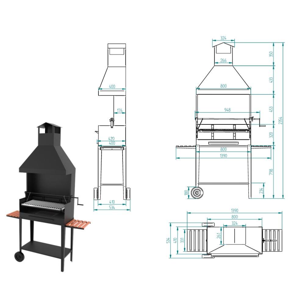 Barbecue BBQ au charbon et bois 100 cm grille INOX - Avec élevateur  paravents et hotte