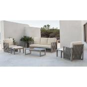 Salon jardin 4 à 6 places sofa 3 pl 2 fauteuils table basse 1  repose pieds beige
