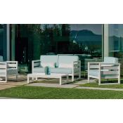 Salon jardin 4 à 5 places sofa 2 places 2 fauteuils 1 table bass blanc artic bleu clair