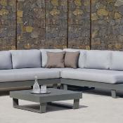 Salon jardin canapé d'angle 4 à 6 places table basse anthracite tissus gris clair