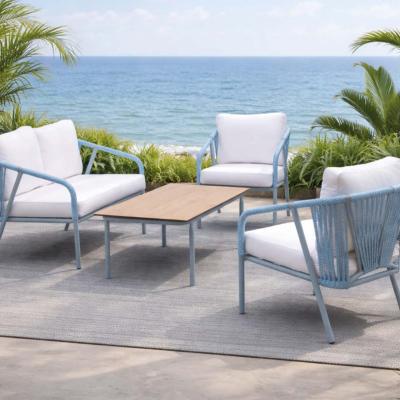 Salon jardin 4 à 5 places sofa 2 pl 2 fauteuils style tressé table basse bleu  blanc