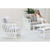 Salon jardin 4 à 5 places sofa 2 pl 2 fauteuils table basse 1  pose pied blanc gris
