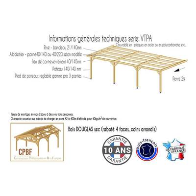 Abri carport Toit Plat Adossé, Bois DOUGLAS Français