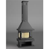 Cheminée à bois en acier, 3 cotés vitrés, bûcher inférieur 15 Kw