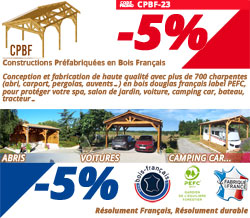 5% de remise sur les charpentes, auvents, pergolas abris bois français PEFC, fabrication haute qualité française code promo CPBF-23