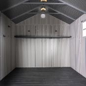 Abri résine PEHD imitation bois plancher et toit 2 pentes 7,44 m2, hauteur porte 192,2 cm