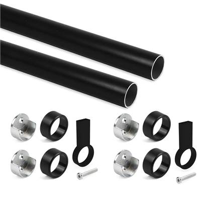 Lot 2 rails ronds armoires D.28mm long. 1.15m supports alu. Zamak noir