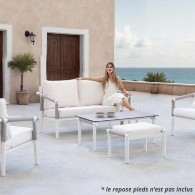 Salon jardin 4 à 5 places sofa 2 places 2 fauteuils table basse blanc corde grise blanc