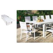 Salon à manger 8 places table extens. 270-370cm 8 fauteuils blanc tissus blanc