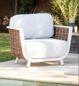 Salon jardin 5 places Sofa 3 places 2 fauteuils 2 tables rondes blanc tissus gris clair