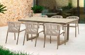 Salon jardin à manger table rectangulaire 200cm 6 fauteuils imit. bois tissus beige