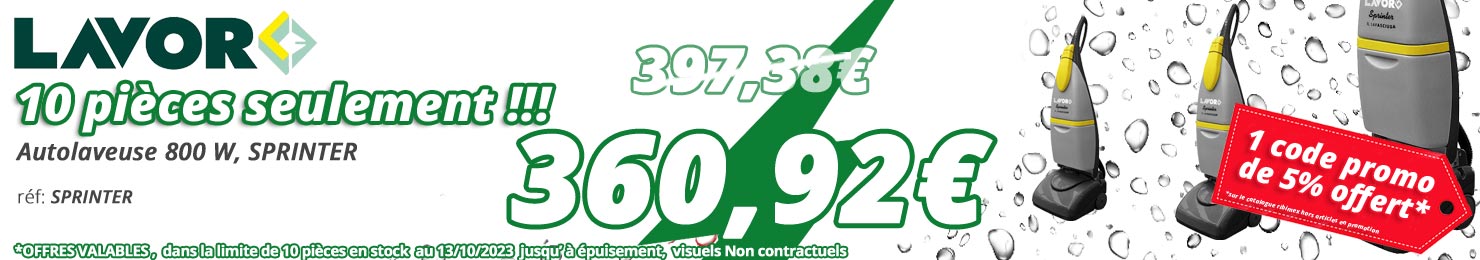 L'auto-laveuse 800w modèle SPRINTER de LAVOR en promotion sur 10 pièces seulement avec en plus un code promo de 5% de remise offert !