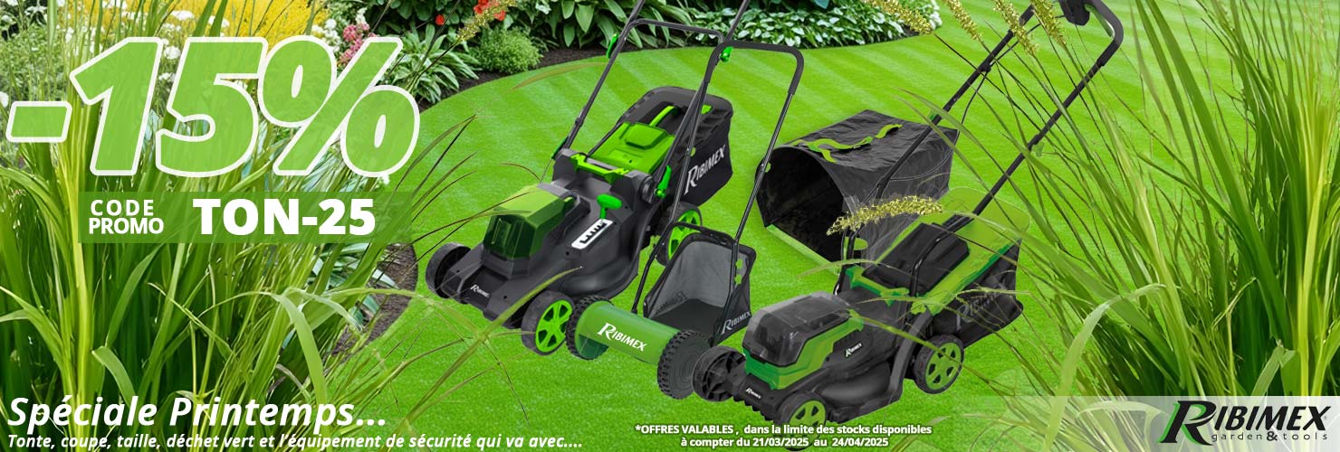 15% de remise sur votre matériel de jardinage de printemps Ribimex,... tondeuses, coupes-bordures, débroussailleuses, collecte déchets verts... chez Bricommerce