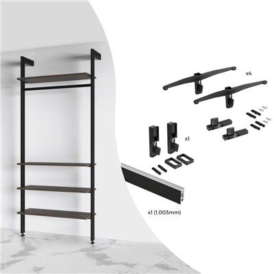 Kit fixation 4 étagères bois 1 tringle suspension 1m long Noir alu. Zamak plastique noir texturé