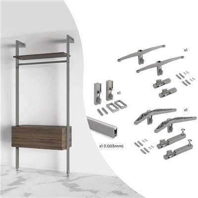 Kit fixation 1 étagère bois 1 mod. 1 tringle suspension long. 1m Zero Zamak Gris pierre peint