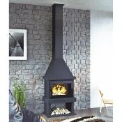 C-300 - chemine  bois en acier, bcher, noir Sans turbine - Foyer en vermiculite