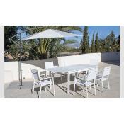 Salon de jardin à manger 6 places blanc table extensible 150 à 200cm avec parasol