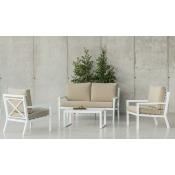 Salon de jardin 4 places blanc beige table basse rectangulaire 90cm