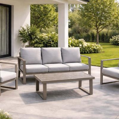Salon jardin 4 à 6 places sofa 3 places 2 fauteuils table basse champagne gris clair