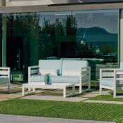 Salon jardin 4 à 5 places sofa 2 places 2 fauteuils 1 table bass blanc artic bleu clair