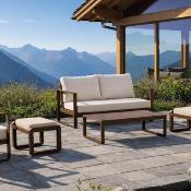 Salon jardin 4 à 5 places sofa 2 places 2 fauteuils table basse marron beige