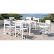 Salon à manger 6 places table rectangulaire 200cm 6 fauteuils blanc tissus blanc