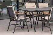 Salon jardin à manger 1 table 220cm imit. pierre 6 fauteuils anthracite beige clair