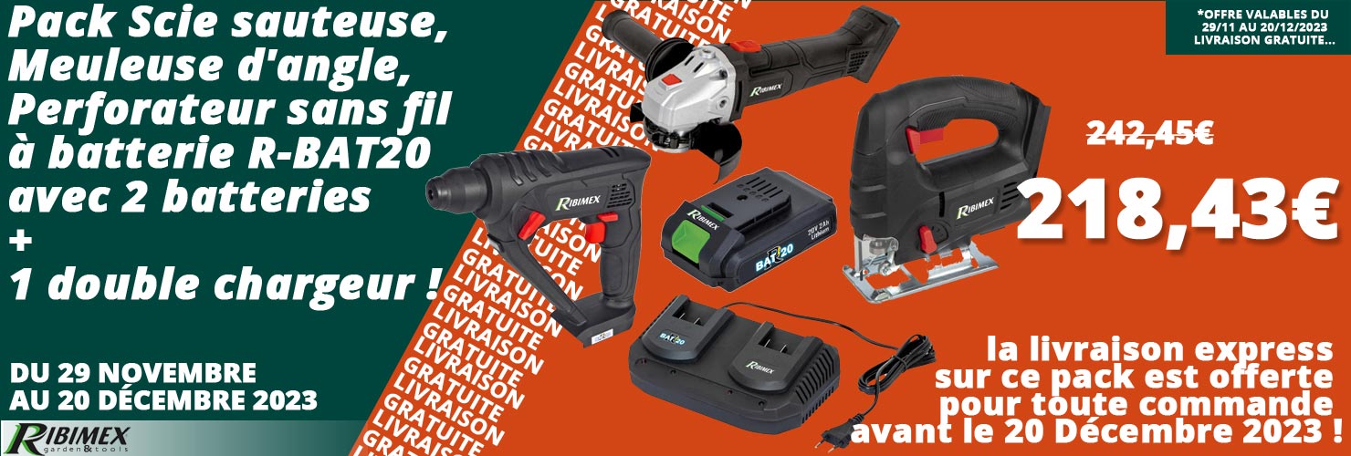 Votre Pack spécial Noël outillage à batterie RBAT-20, scie sauteuse, meuleuse, perforateur, 1 chrageur double, 2 batteries livraison express offerte en prix promo Chez Bricommerce jusqu'au 20 Décembre 2023 !