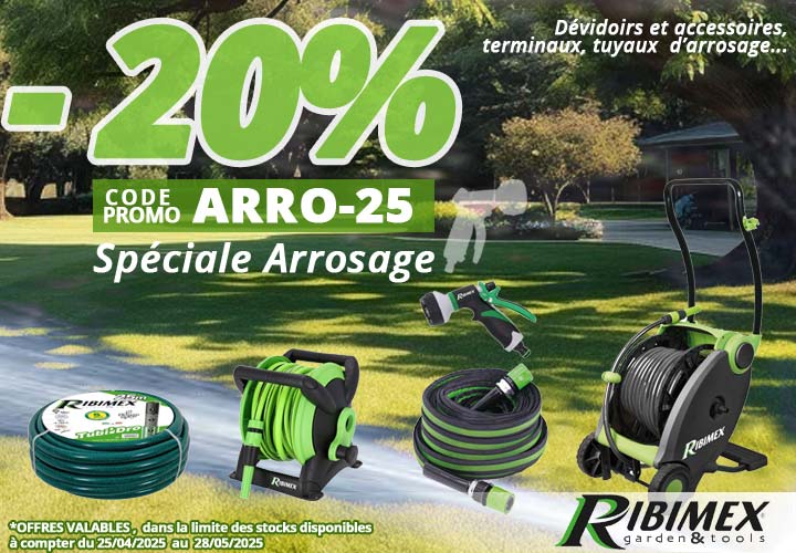 20% de remise sur votre matériel d'arrosage Ribimex,... pistolets, lances, dévidoirs tuyaux, tuyaux d'arrosage... chez Bricommerce