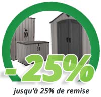 Offre exceptionnelles jusqu'a 25% de remise plus de 700 euros d'économie suivant le modèle sur nos abris, coffres, armoires pour jardin balcon et terrasse... chez Bricommerce