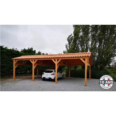Abri 2 pentes Faitage Décalé Bois Douglas France Carport Auvent voiture 600x1050cm H 250cm