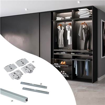 Kit ferrures 2 portes coulissantes armoire fermeture souple rails encastrés 2,35m Anodisé mat