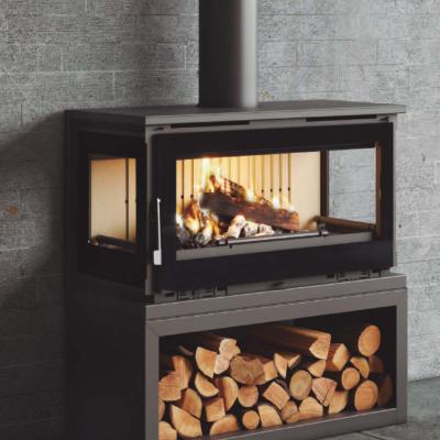 Poêle à bois 3 faces avec bûcher 18kw vermiculite bûches 75cm sortie 200mm 2 turbines