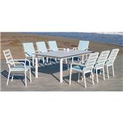 Set Salon de jardin à Manger PALMA-HPL-220 avec 8xCARAVEL-3 + Coussin(s)  Finition BLANC/HPL DESIGN BLANC Tissus RAYAS AZUL BLEU BLANC de 8 places