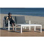 Salon de jardin, canapé, 2 fauteuils, table basse, blanc tissus gris, 4 places ALELI