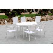 Salon de jardin à manger 6 places blanc table extensible ronde/ovale 100 à 150cm
