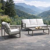 Salon jardin 4 à 6 places sofa 3 places 2 fauteuils table basse anthracite tissus blanc