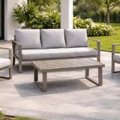 Salon jardin 4 à 6 places sofa 3 places 2 fauteuils table basse champagne gris clair