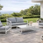 Salon jardin 4 à 5 places sofa 2 places 2 fauteuils table basse blanc tissus gris clair