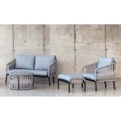 Salon jardin 4 à 6 places sofa 2 pl 2 fauteuils table basse 2 pose pieds anthracite gris