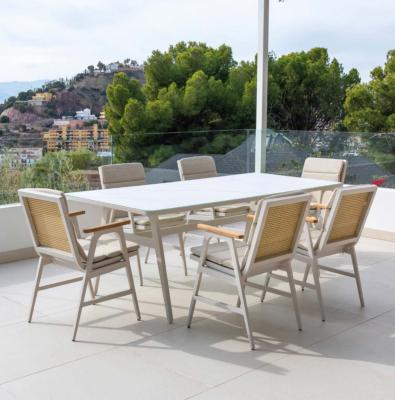 Salon jardin à manger 1 table 220cm plateau imit. marbre beige clair 6 fauteuils beige